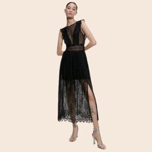 Zara Black Contrasting Lace Dress Midi Dress Size XS